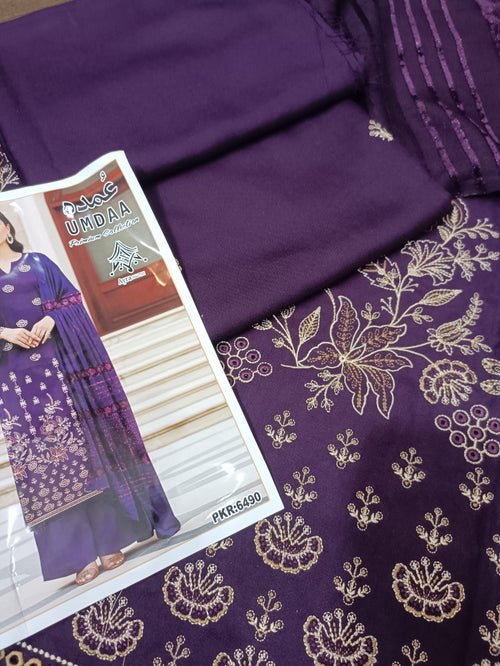 Peach dhanak 3pc, embroidered front back nd sleeves wd plan trouser nd velvet dhanak shawl....