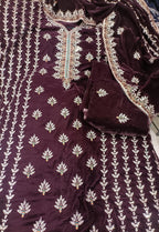 9000 Micro Velvet Luxury Collection 3pc(, shirt front back sleeves dupata embroidered wd plan velvet trouser)