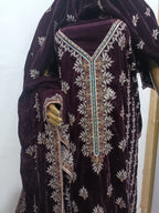 9000 Micro Velvet Luxury Collection 3pc(, shirt front back sleeves dupata embroidered wd plan velvet trouser)
