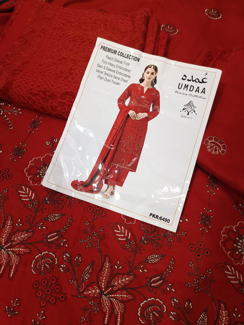 Peach dhanak 3pc, embroidered front back nd sleeves wd plan trouser nd velvet dhanak shawl....