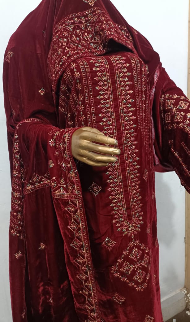 9000 Micro Velvet Luxury Collection 3pc(, shirt front back sleeves dupata embroidered wd plan velvet trouser)