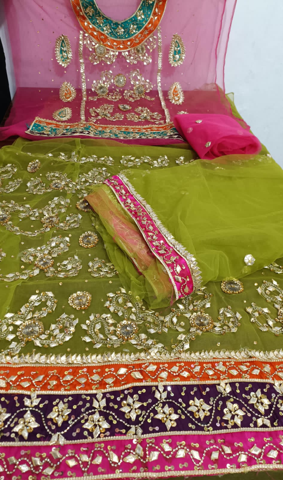 Handmade Lahanga Kurti nd Dupata 3Pc fancy on net Stuff wd Full heavy gota work