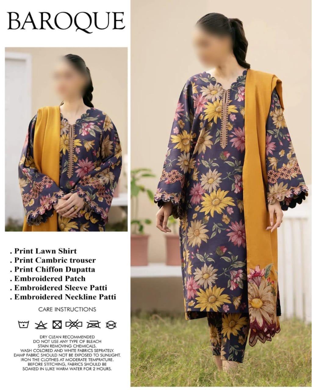 3 Piece - Unstitched Digital Printed Lawn Fabric BQ-402