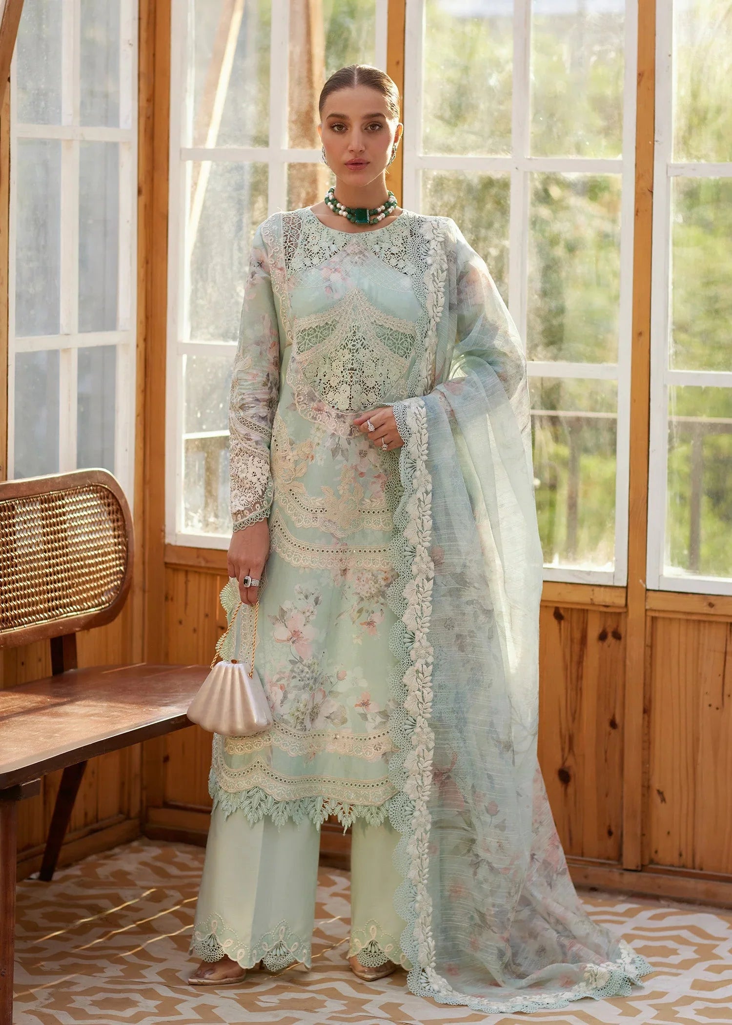 Crimson Aqua Lawn With Chiffon Dupatta Unstitched Dress