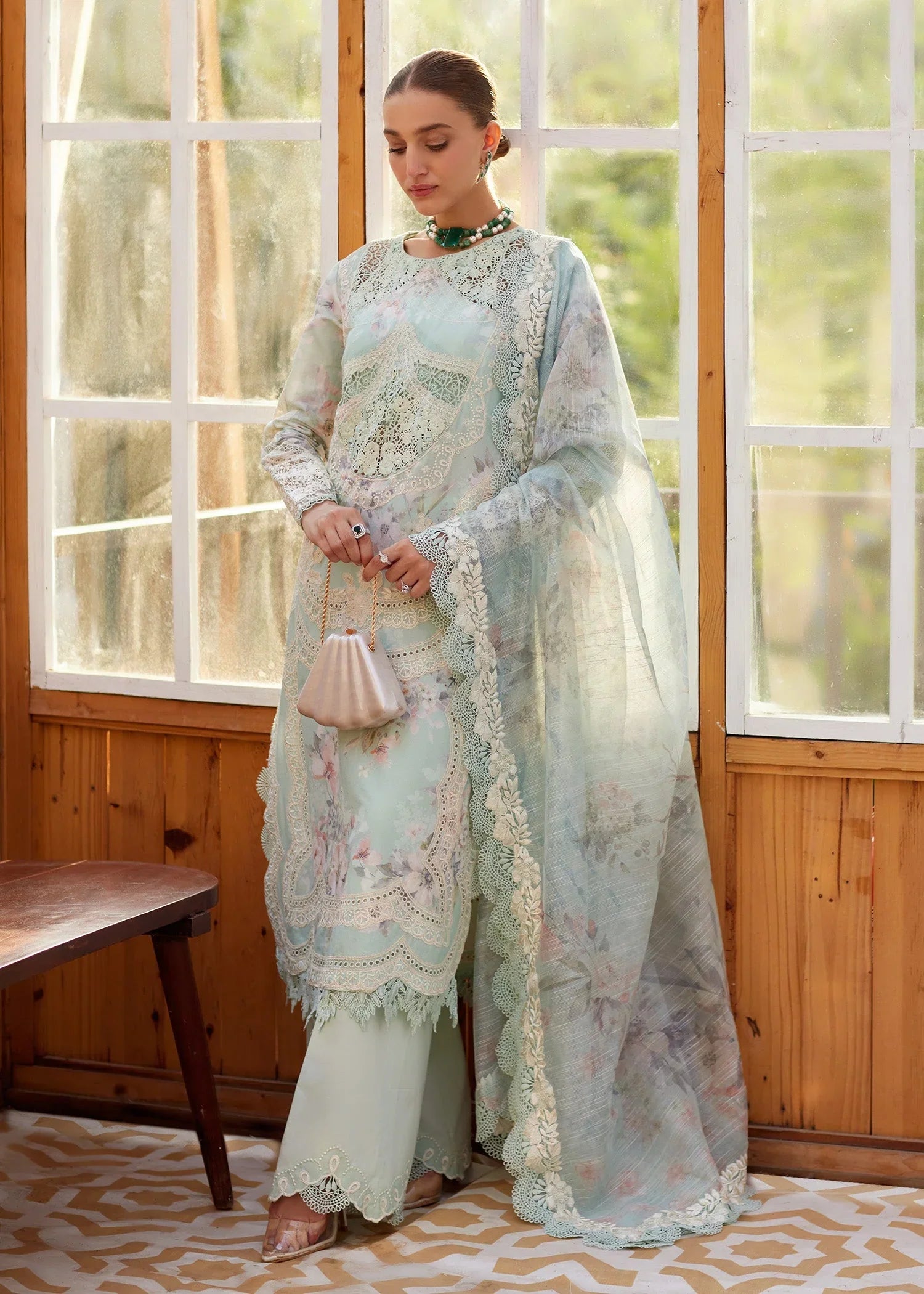 Crimson Aqua Lawn With Chiffon Dupatta Unstitched Dress