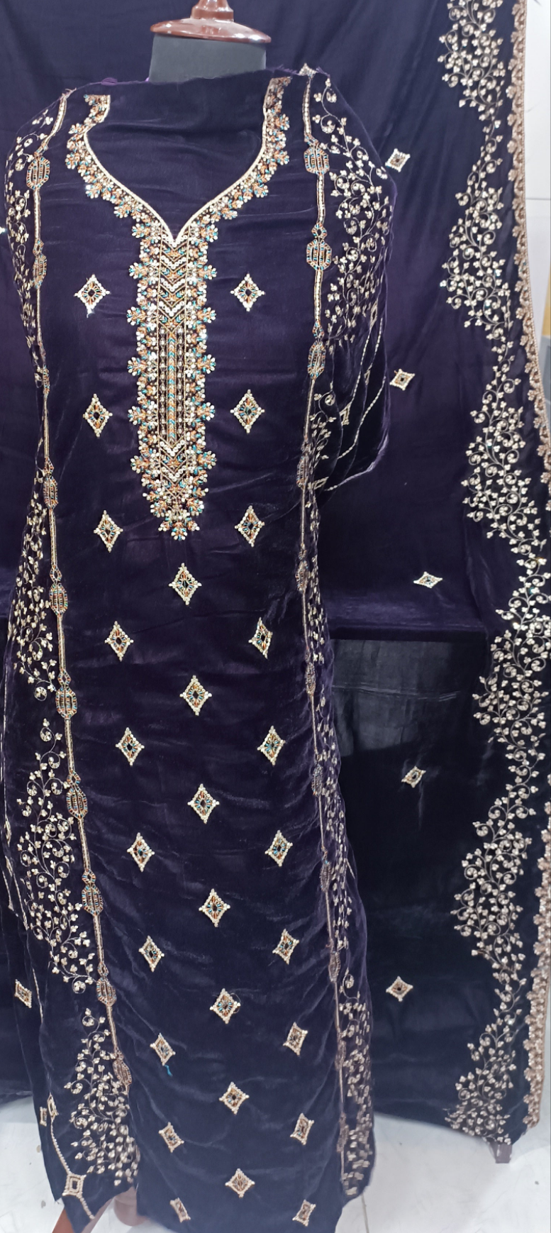 9000 Micro Velvet Luxury Collection 3pc(, shirt front back sleeves dupata embroidered wd plan velvet trouser)