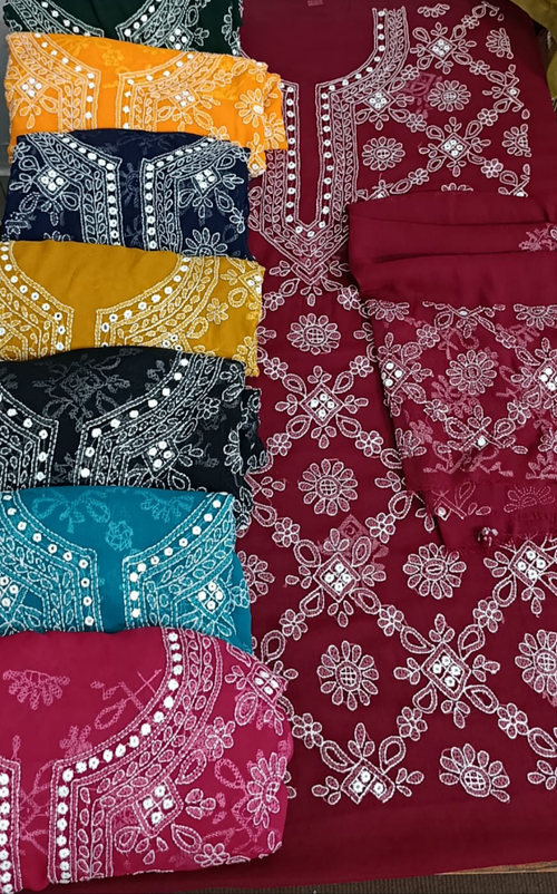 Semi Pure Chiffon 2pc handmade, chknkari wd mirror work on shirt sleeves nd dupta...