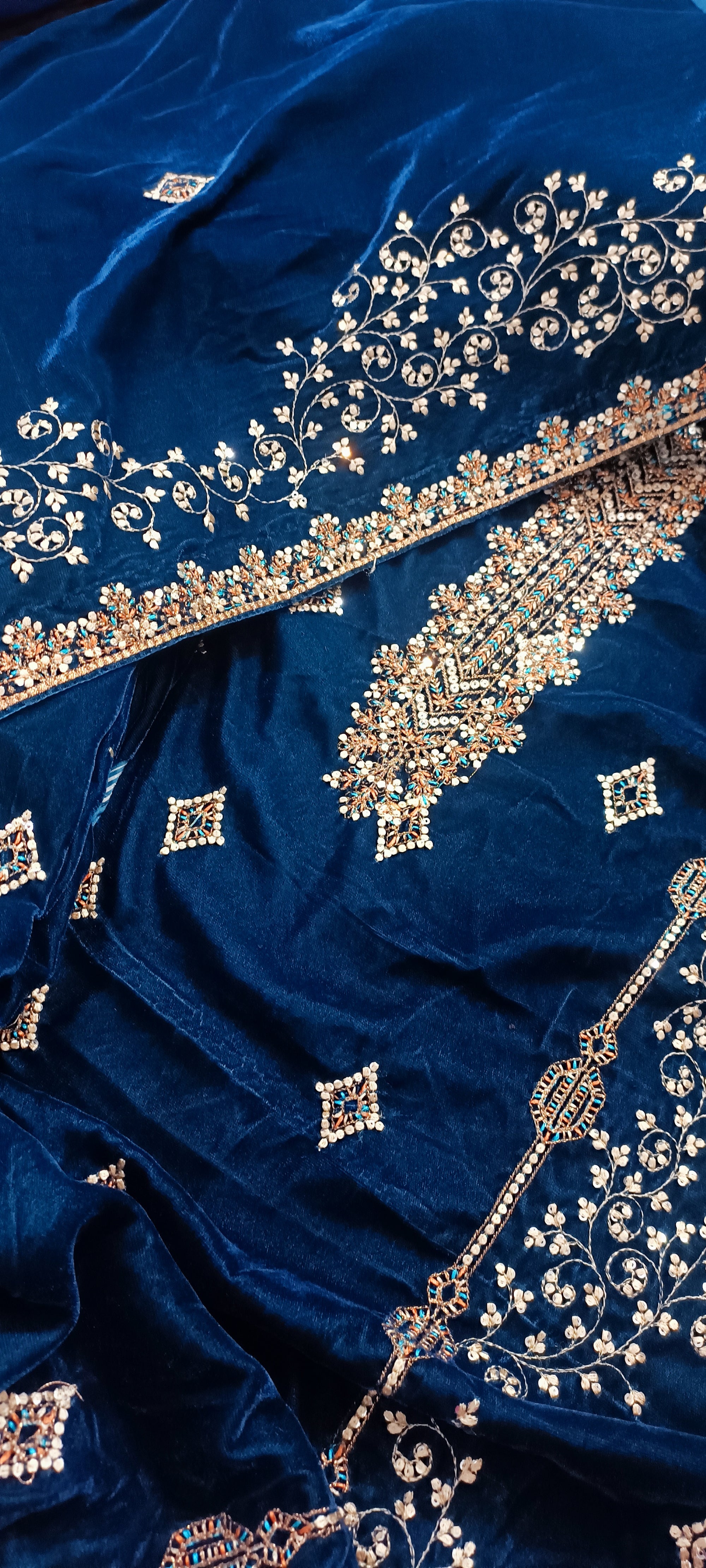9000 Micro Velvet Luxury Collection 3pc(, shirt front back sleeves dupata embroidered wd plan velvet trouser)