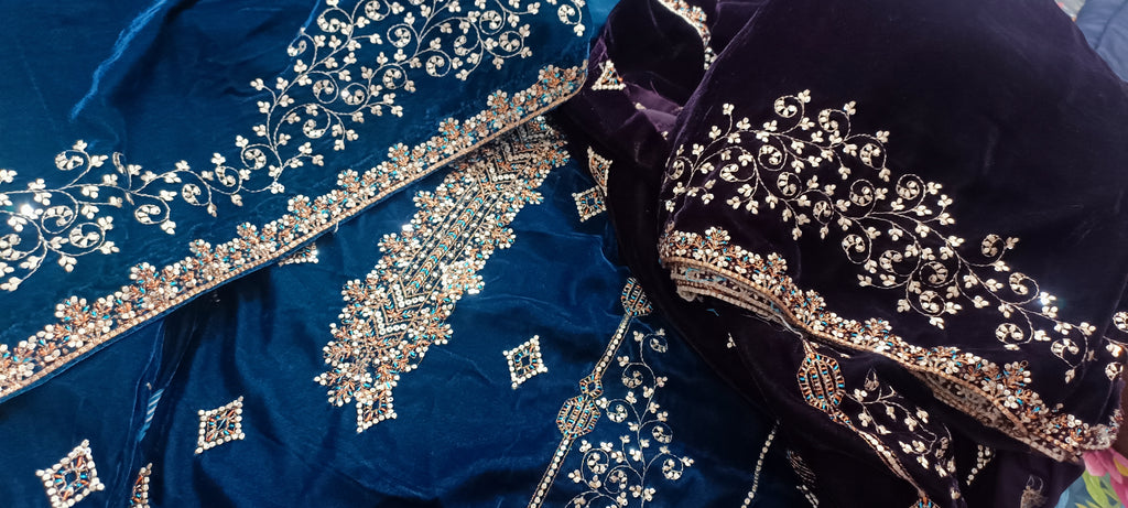 9000 Micro Velvet Luxury Collection 3pc(, shirt front back sleeves dupata embroidered wd plan velvet trouser)