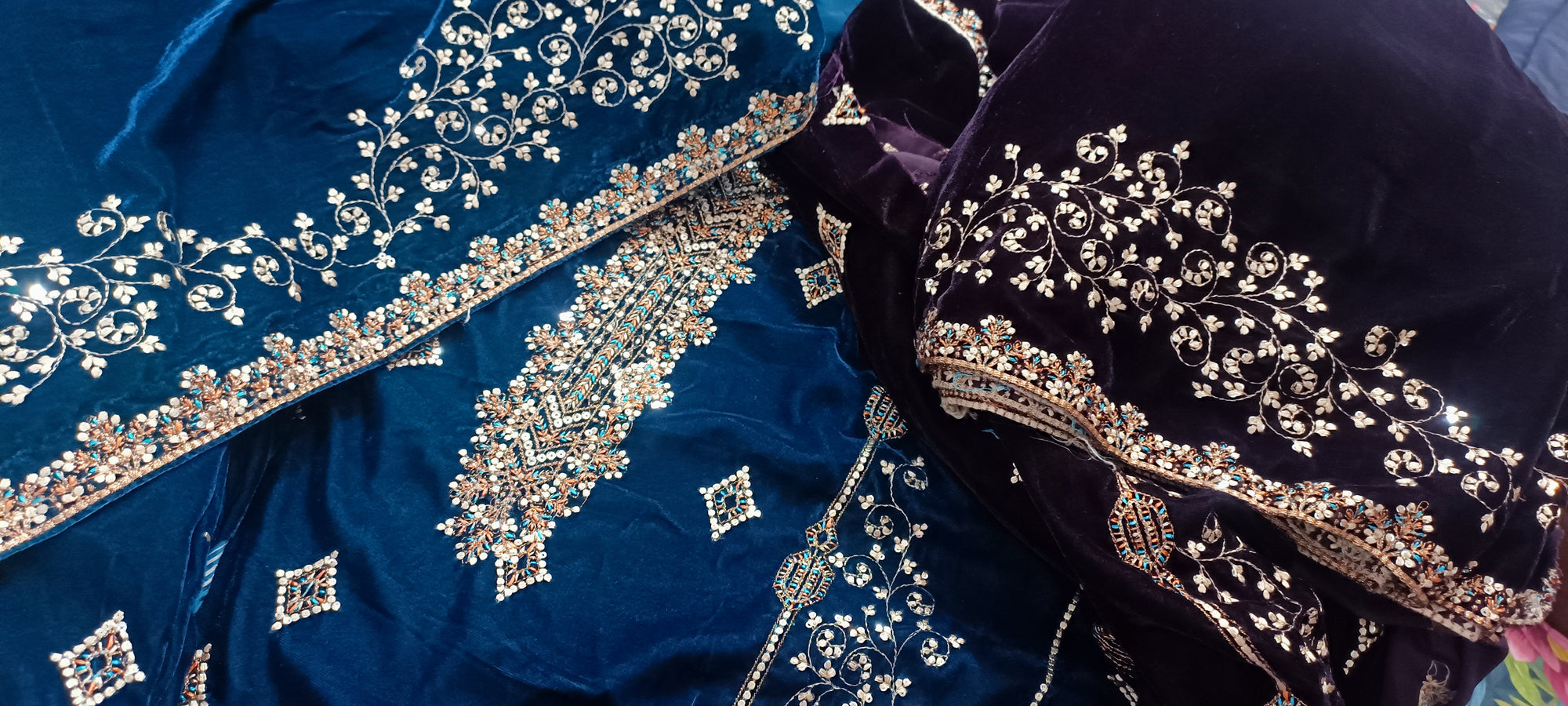 9000 Micro Velvet Luxury Collection 3pc(, shirt front back sleeves dupata embroidered wd plan velvet trouser)