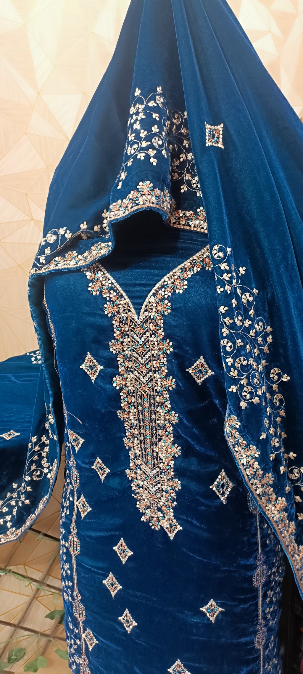 9000 Micro Velvet Luxury Collection 3pc(, shirt front back sleeves dupata embroidered wd plan velvet trouser)