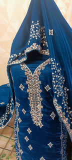 9000 Micro Velvet Luxury Collection 3pc(, shirt front back sleeves dupata embroidered wd plan velvet trouser)