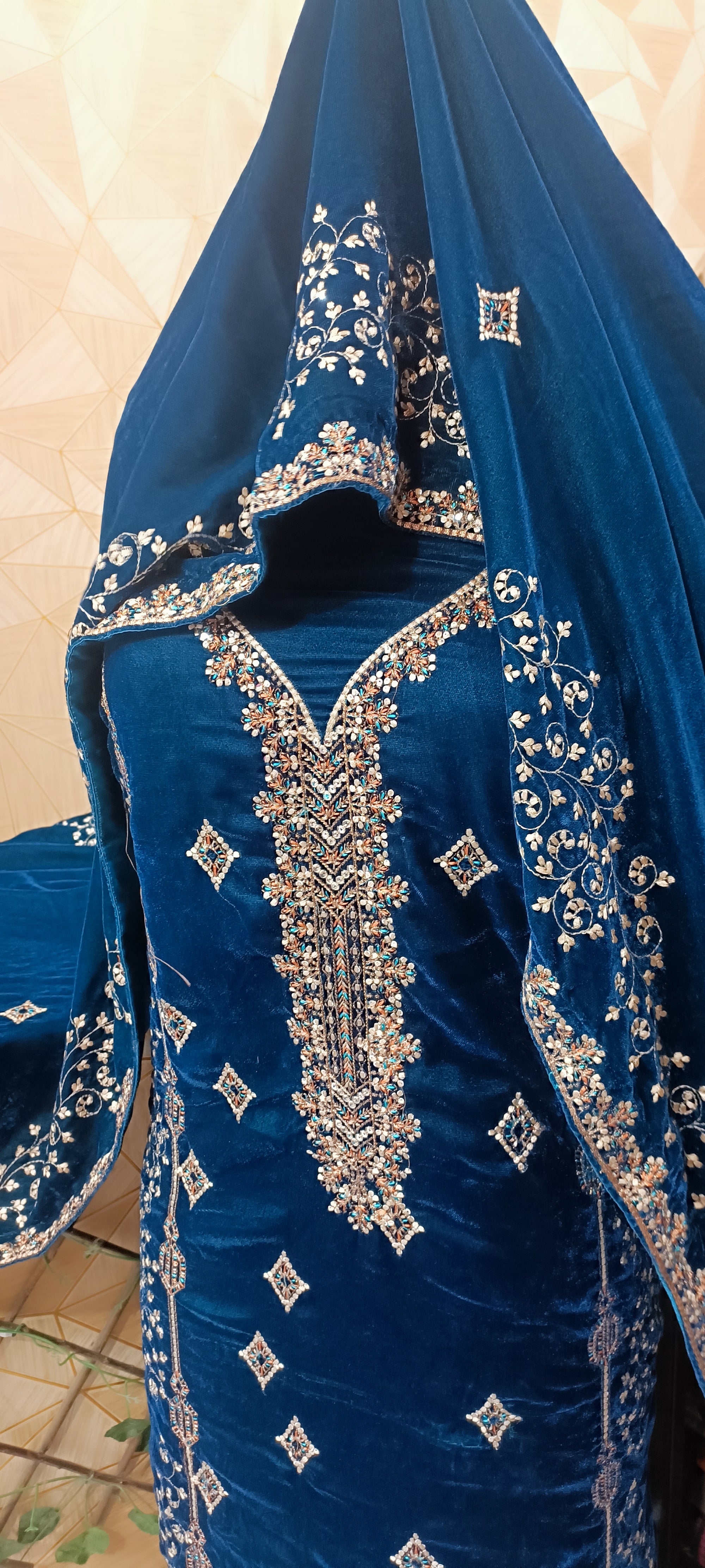 9000 Micro Velvet Luxury Collection 3pc(, shirt front back sleeves dupata embroidered wd plan velvet trouser)