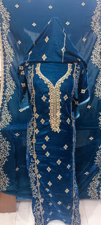 9000 Micro Velvet Luxury Collection 3pc(, shirt front back sleeves dupata embroidered wd plan velvet trouser)