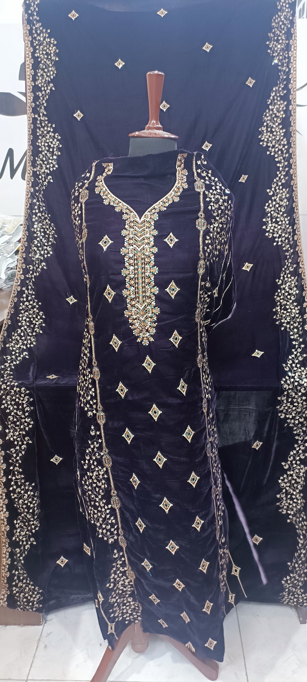 9000 Micro Velvet Luxury Collection 3pc(, shirt front back sleeves dupata embroidered wd plan velvet trouser)
