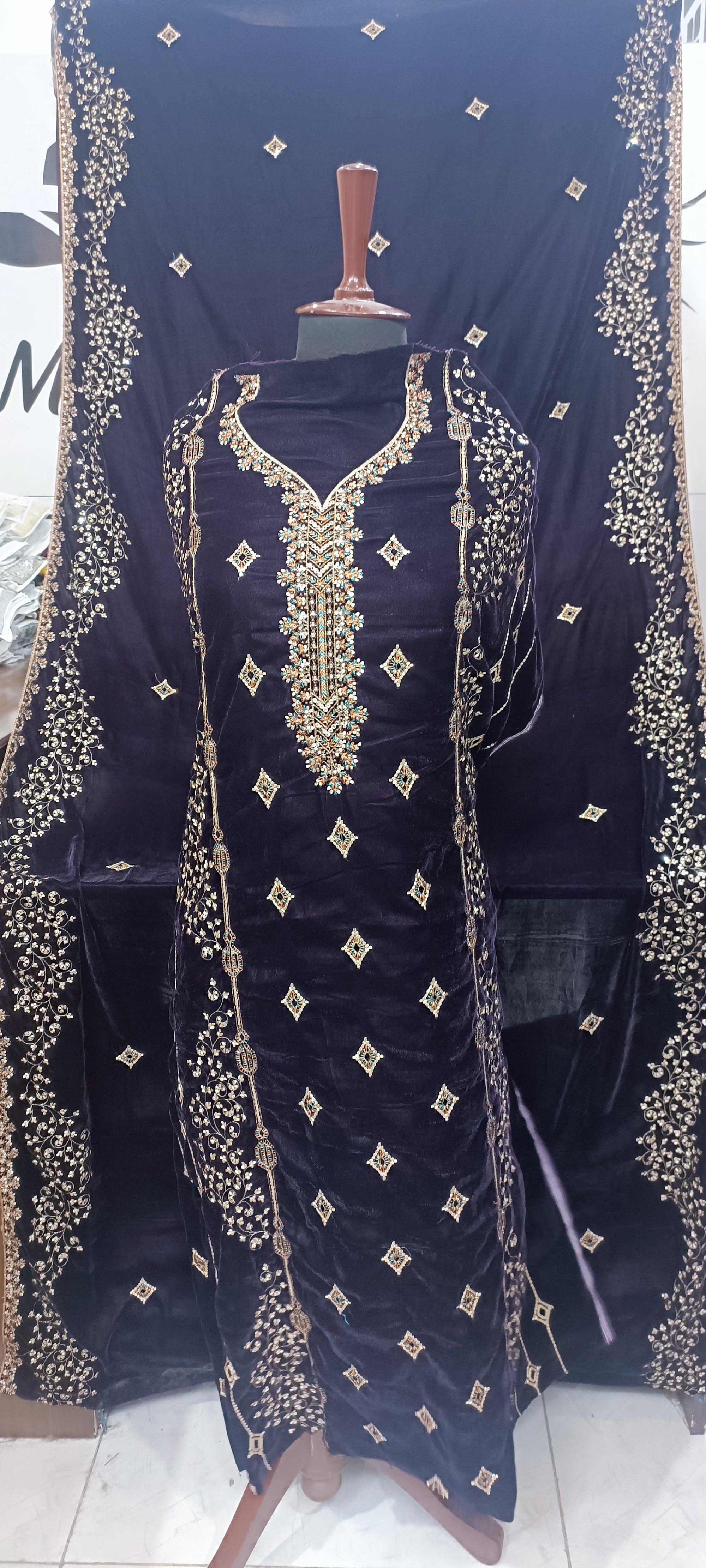 9000 Micro Velvet Luxury Collection 3pc(, shirt front back sleeves dupata embroidered wd plan velvet trouser)