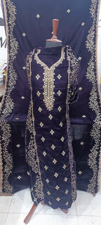 9000 Micro Velvet Luxury Collection 3pc(, shirt front back sleeves dupata embroidered wd plan velvet trouser)