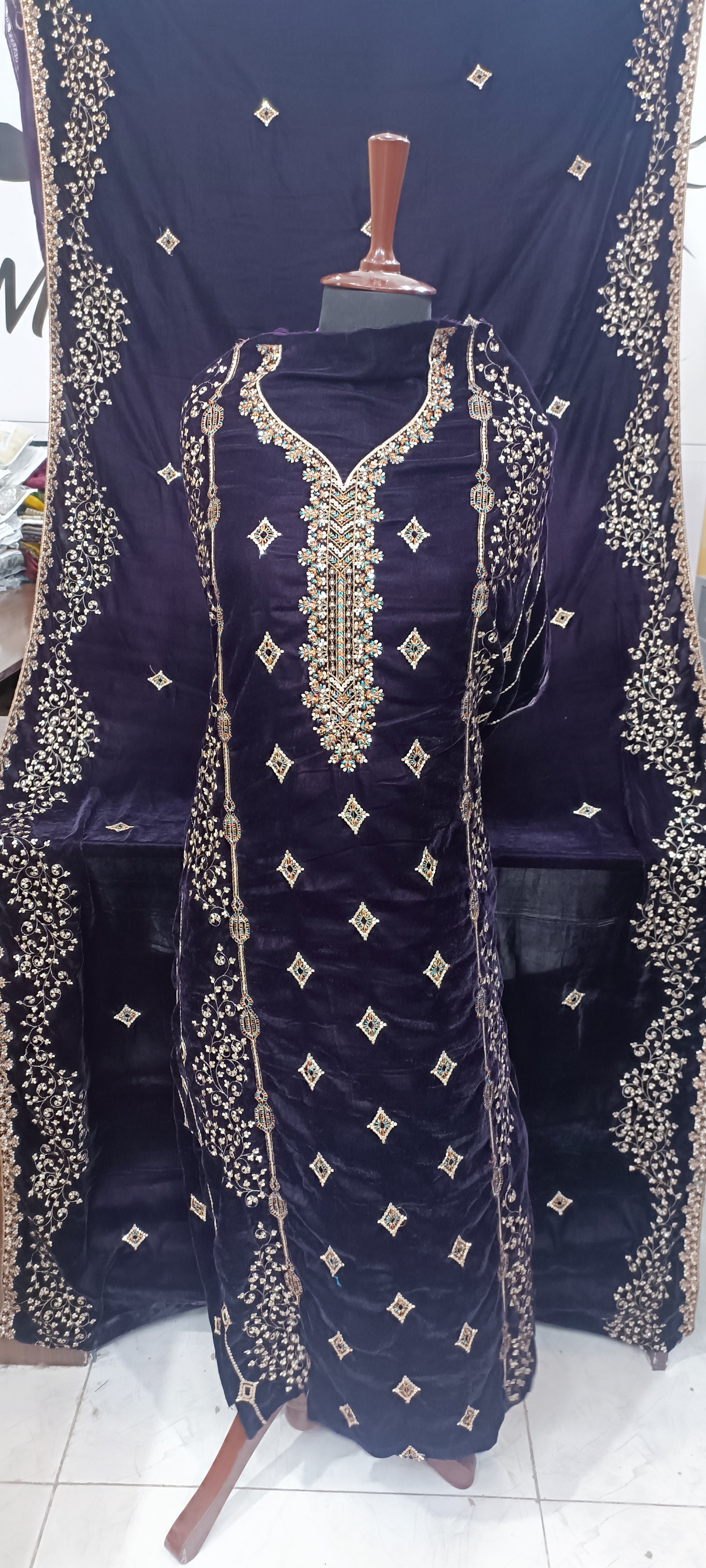 9000 Micro Velvet Luxury Collection 3pc(, shirt front back sleeves dupata embroidered wd plan velvet trouser)