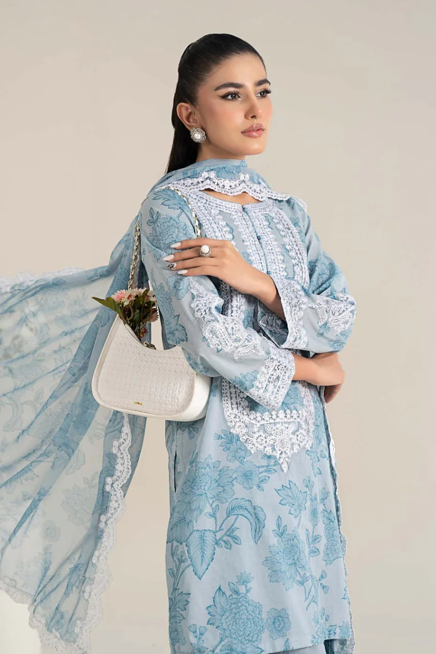 Maria B | Sky Blue - Printed Lawn With Chiffon Embroidered Dupatta