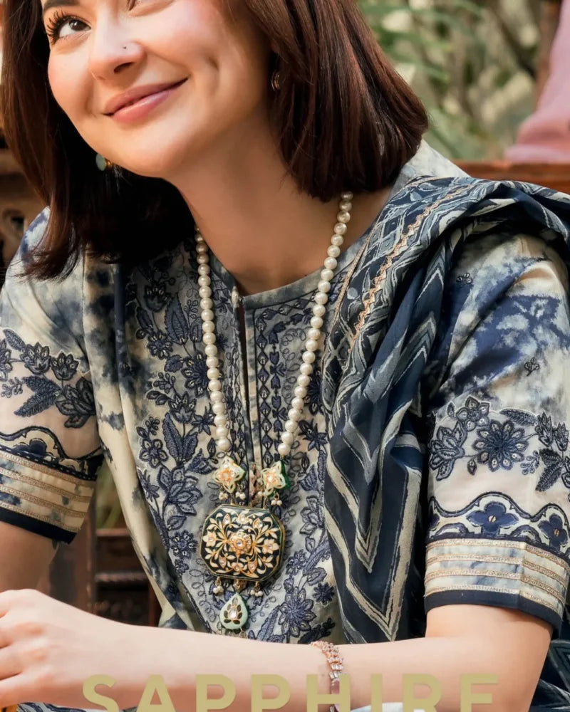 Sapphire Embroidered White & Blue Luxury Lawn Dress