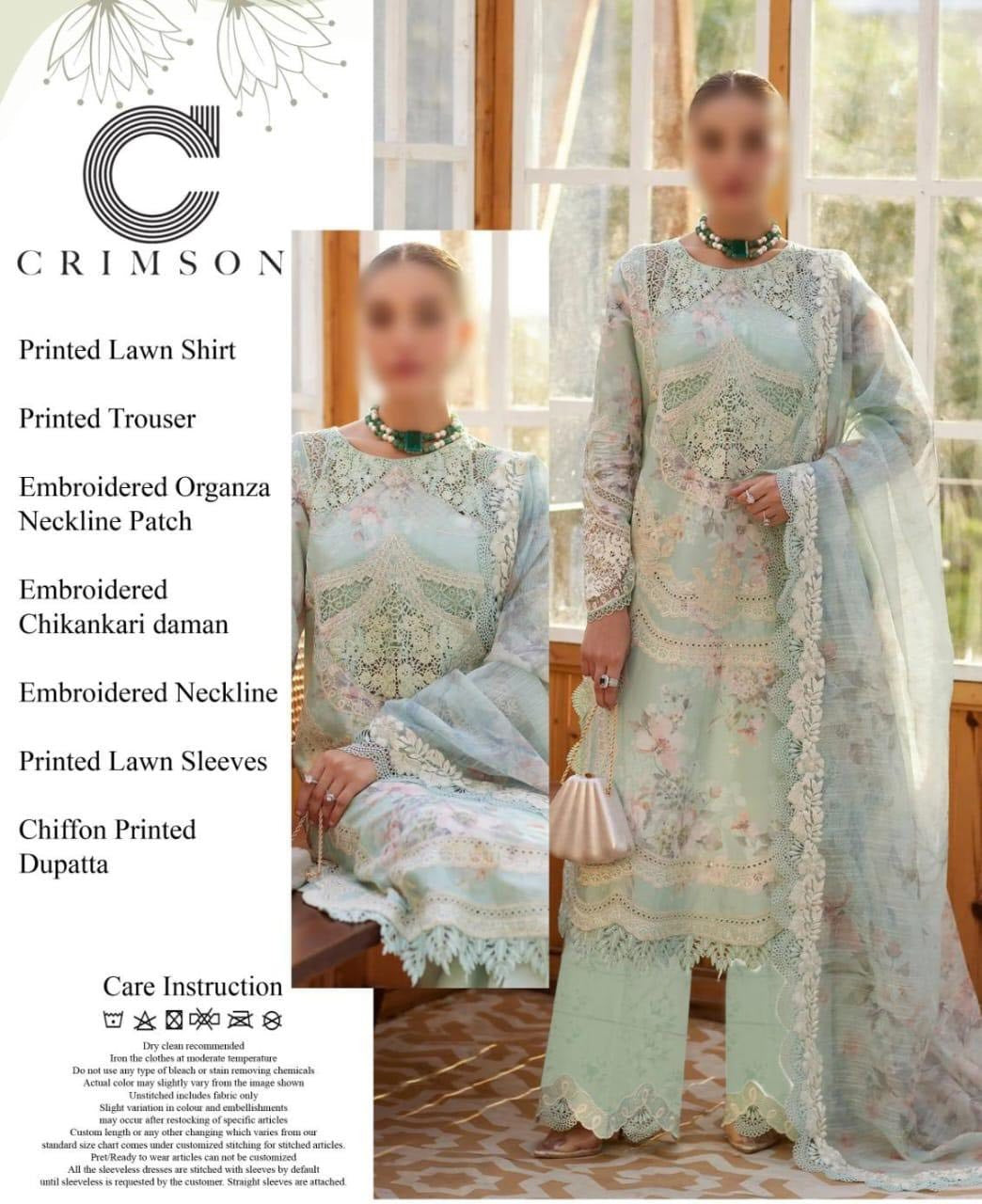 Crimson Aqua Lawn With Chiffon Dupatta Unstitched Dress