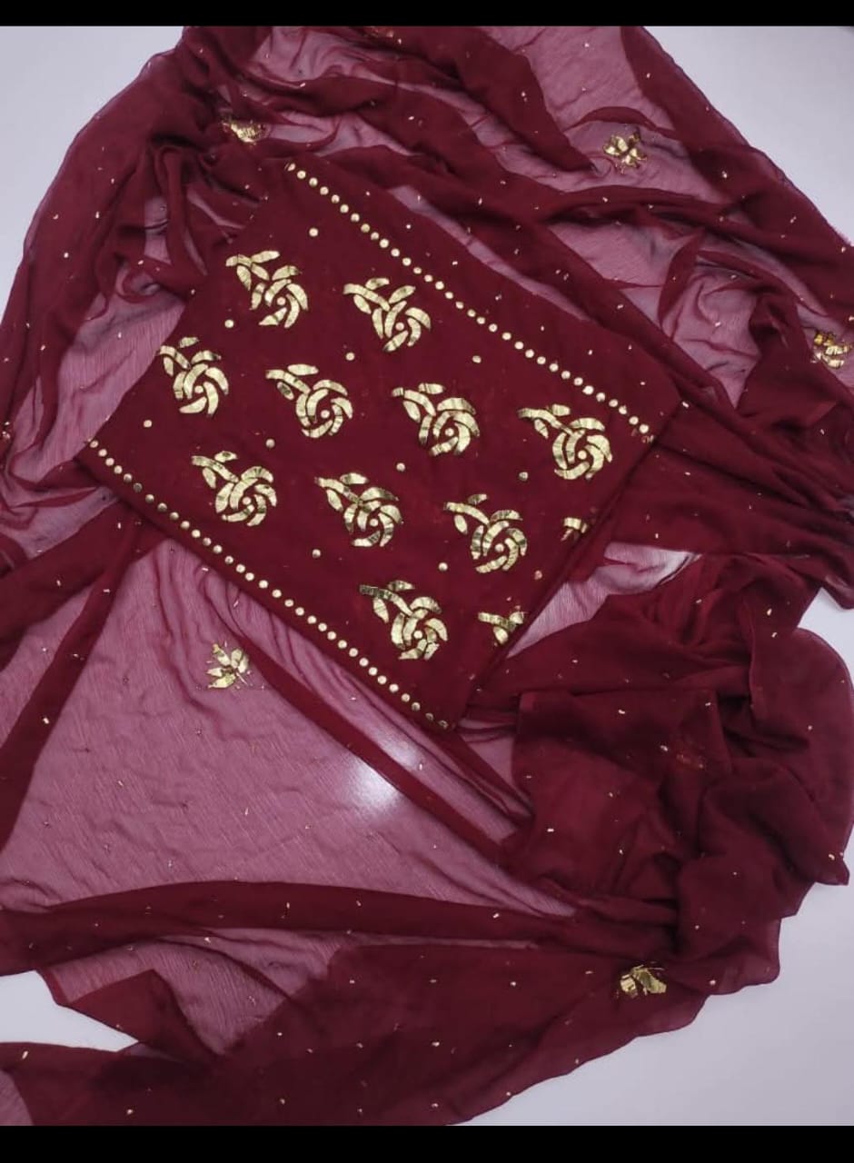 Rose Style Golden Mukesh Jall Work On Chiffon 2pc Unstitched Dresses