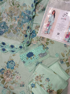 3pc lawn chknkari printed front , printed sleevs,back & trouser wd chiffon 4 sided lacing dupata...