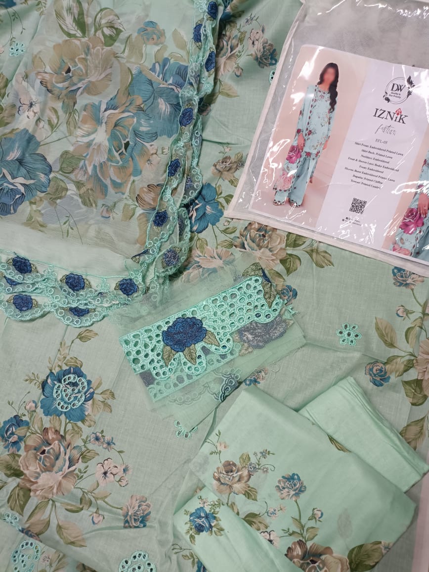 3pc lawn chknkari printed front , printed sleevs,back & trouser wd chiffon 4 sided lacing dupata...