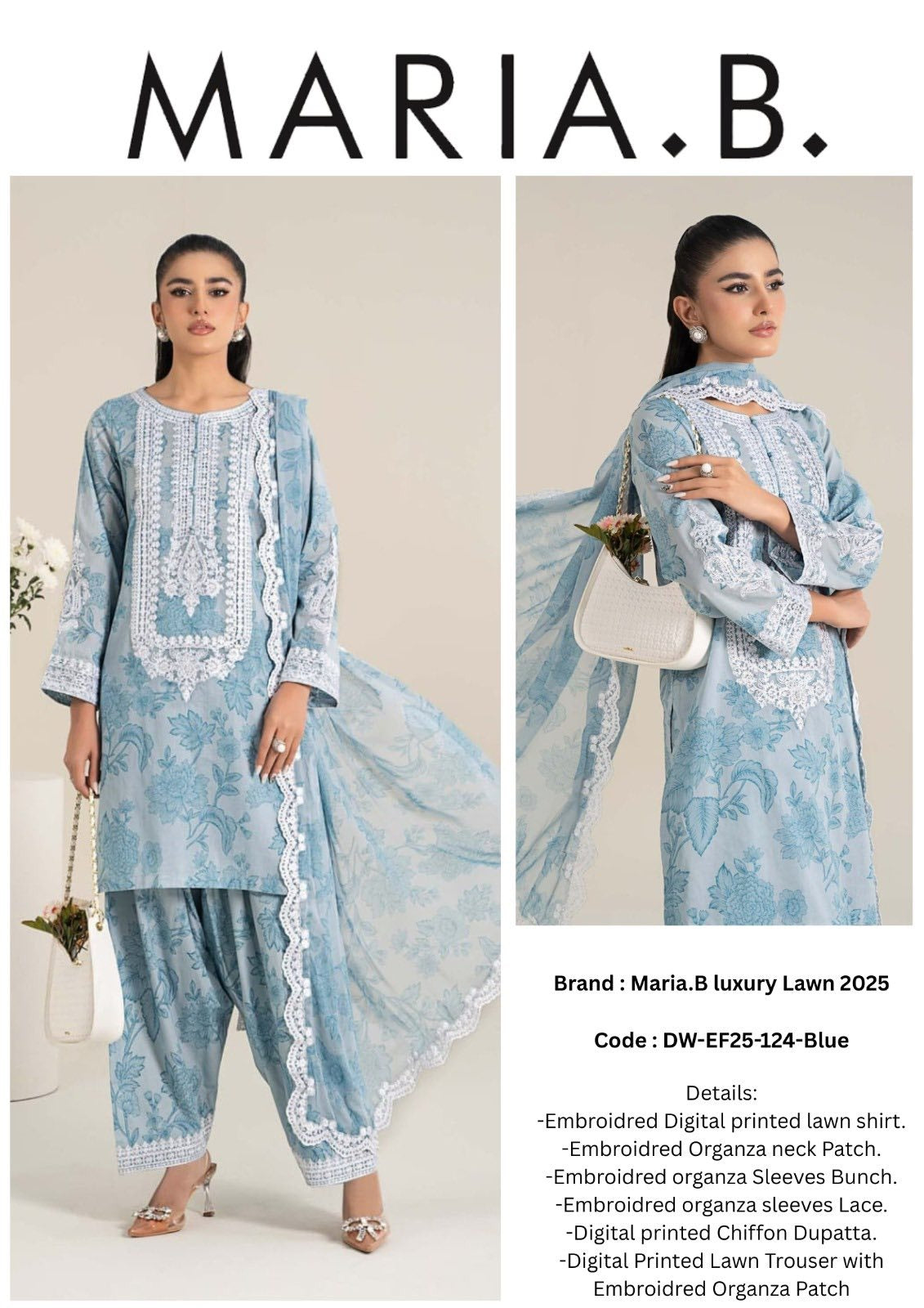 Maria B | Sky Blue - Printed Lawn With Chiffon Embroidered Dupatta