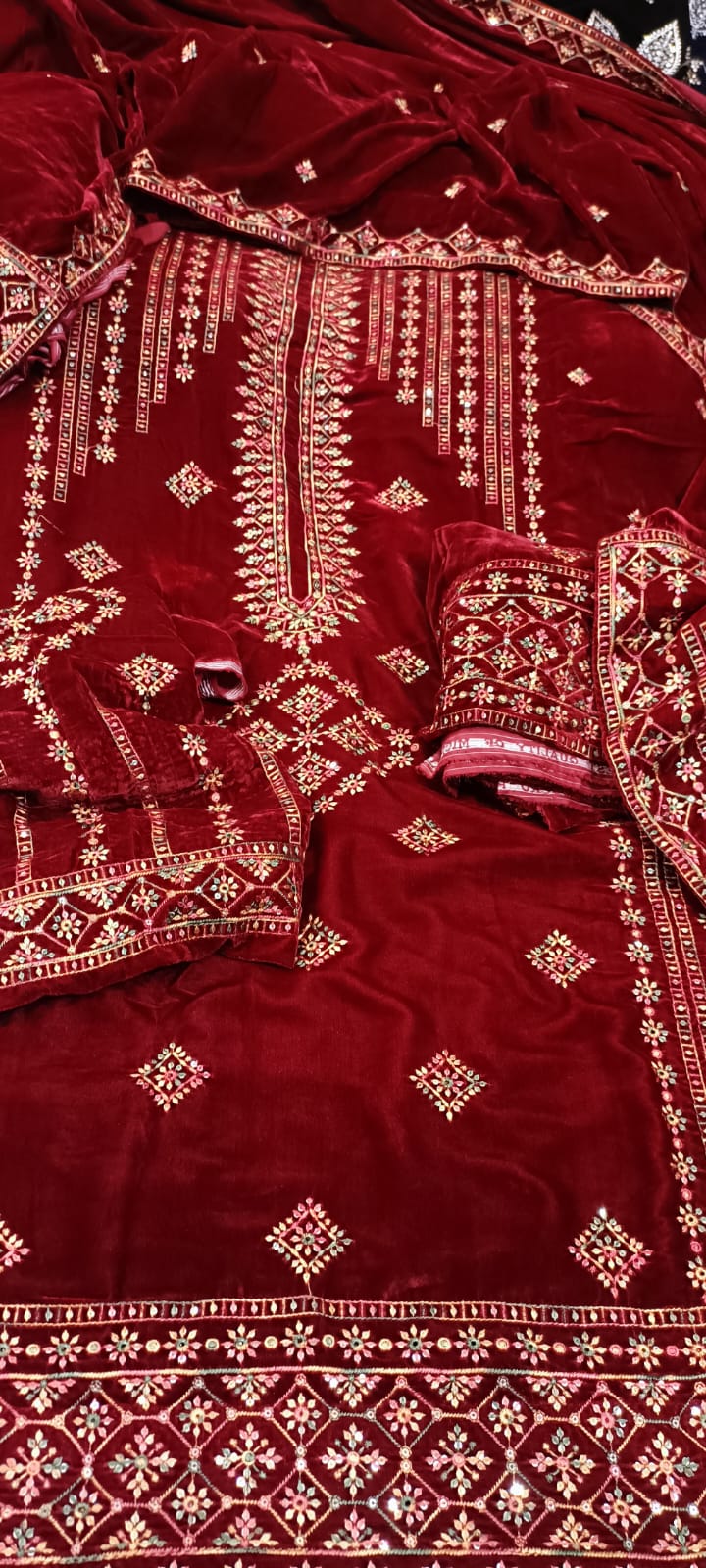 9000 Micro Velvet Luxury Collection 3pc(, shirt front back sleeves dupata embroidered wd plan velvet trouser)