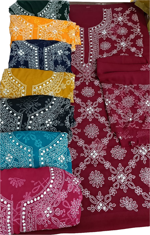 Semi Pure Chiffon 2pc handmade, chknkari wd mirror work on shirt sleeves nd dupta...