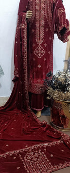 9000 Micro Velvet Luxury Collection 3pc(, shirt front back sleeves dupata embroidered wd plan velvet trouser)
