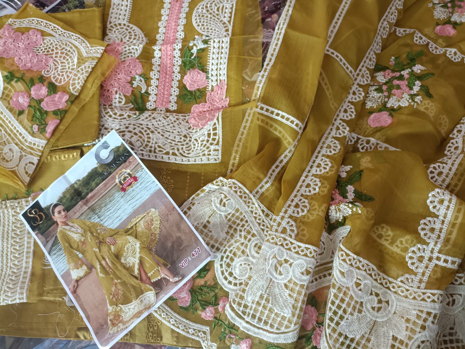 Lawn Cotton Embroidered 3pc With Embroidered Chiffon Dupatta by Crimson Brand(yellow)