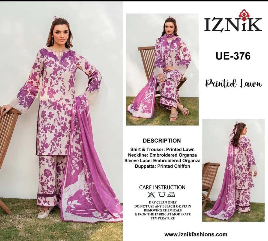 Iznik Lawn 3piece Unstitched Digital Printed Dress l UE-376