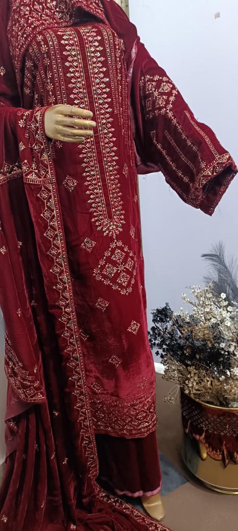 9000 Micro Velvet Luxury Collection 3pc(, shirt front back sleeves dupata embroidered wd plan velvet trouser)