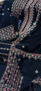 9000 Micro Velvet Luxury Collection 3pc(, shirt front back sleeves dupata embroidered wd plan velvet trouser)