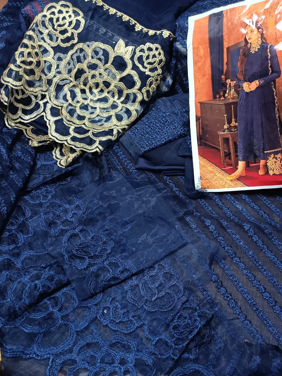Formal 3pc Chiffon wd Patches nd Chiffon Masori Dupata Embroidered (unstiched)