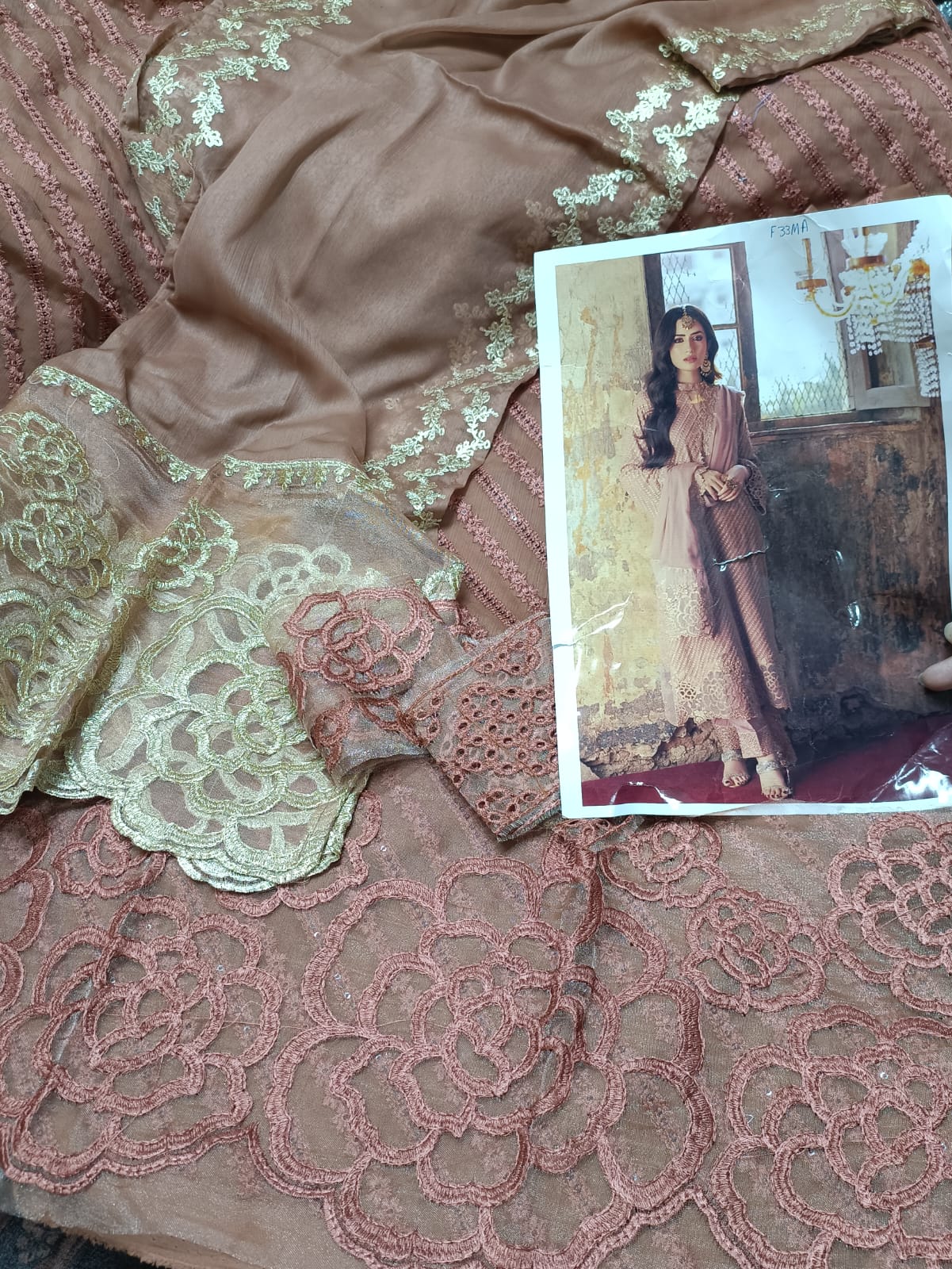 Formal 3pc Chiffon wd Patches nd Chiffon Masori Dupata Embroidered