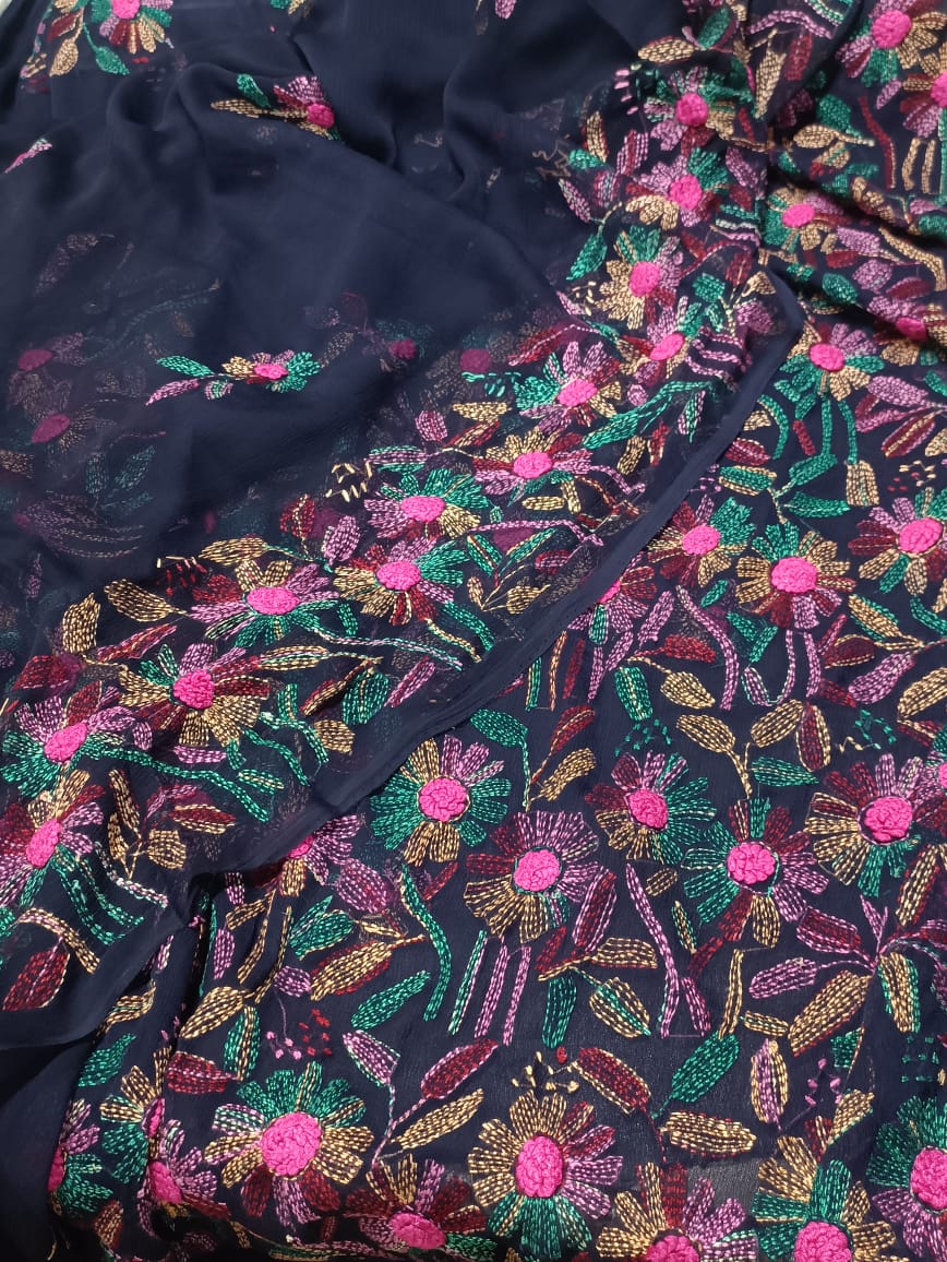 Handmade Kacha Tanka 2pc chiffon stuff(navy blue colour)
