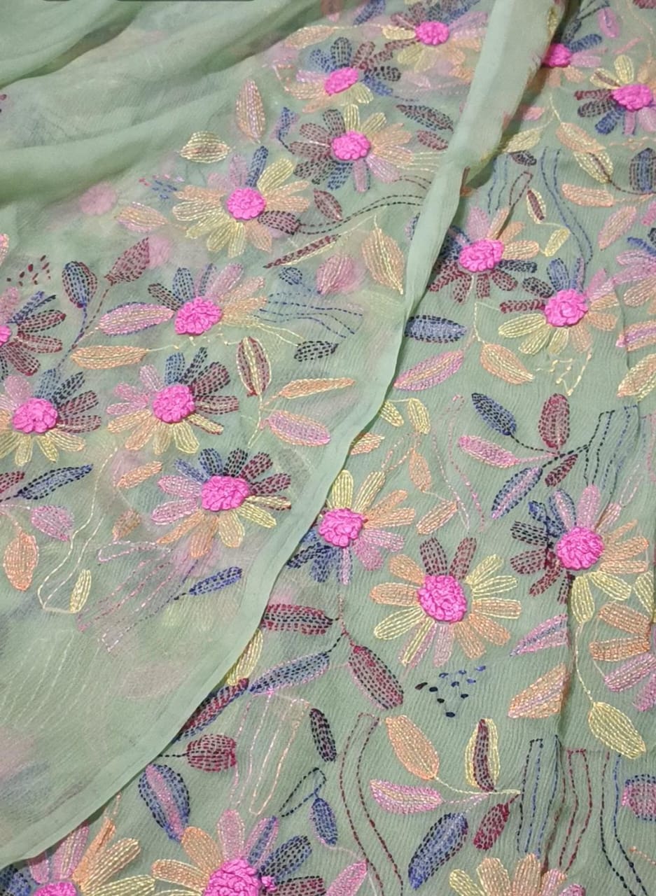 Handmade Kacha Tanka 2pc chiffon stuff(pista green colour)